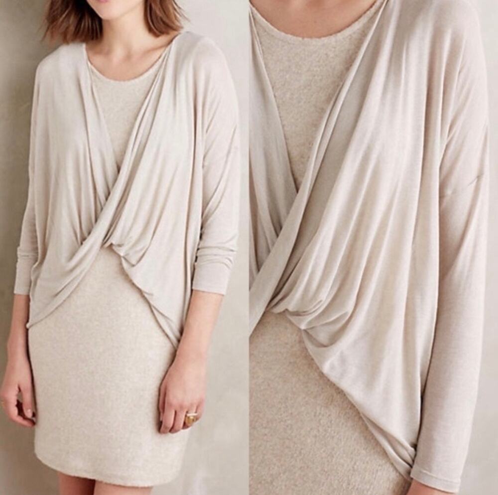 ANTHROPOLOGIE NWT Amadi Layered Cloud Dress Faux Wrap Crème Sz S Longsleeve Mini